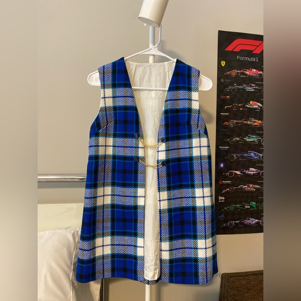 Blue Plaid Sleeveless Vest with Gold Chain Closures and Skirt Set